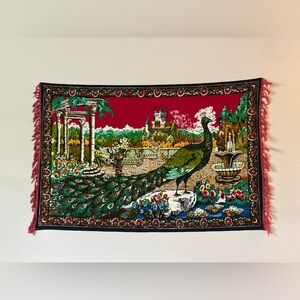 Vintage Peacock Tapestry Wall Hanging in Green and Red